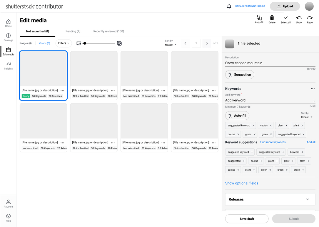 Contributor portfolio grid and redesigned metadata panel