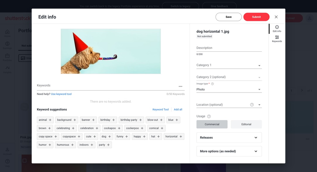 Shutterstock modal-based contributor editing