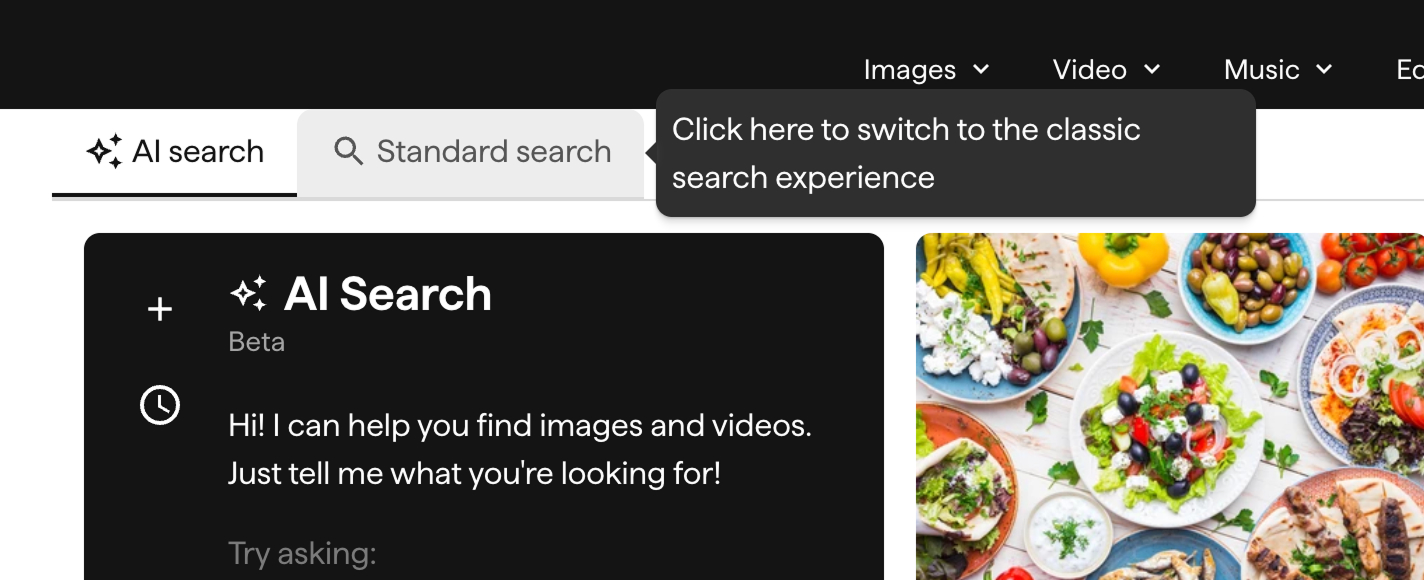 AI Search and Standard Search tabs